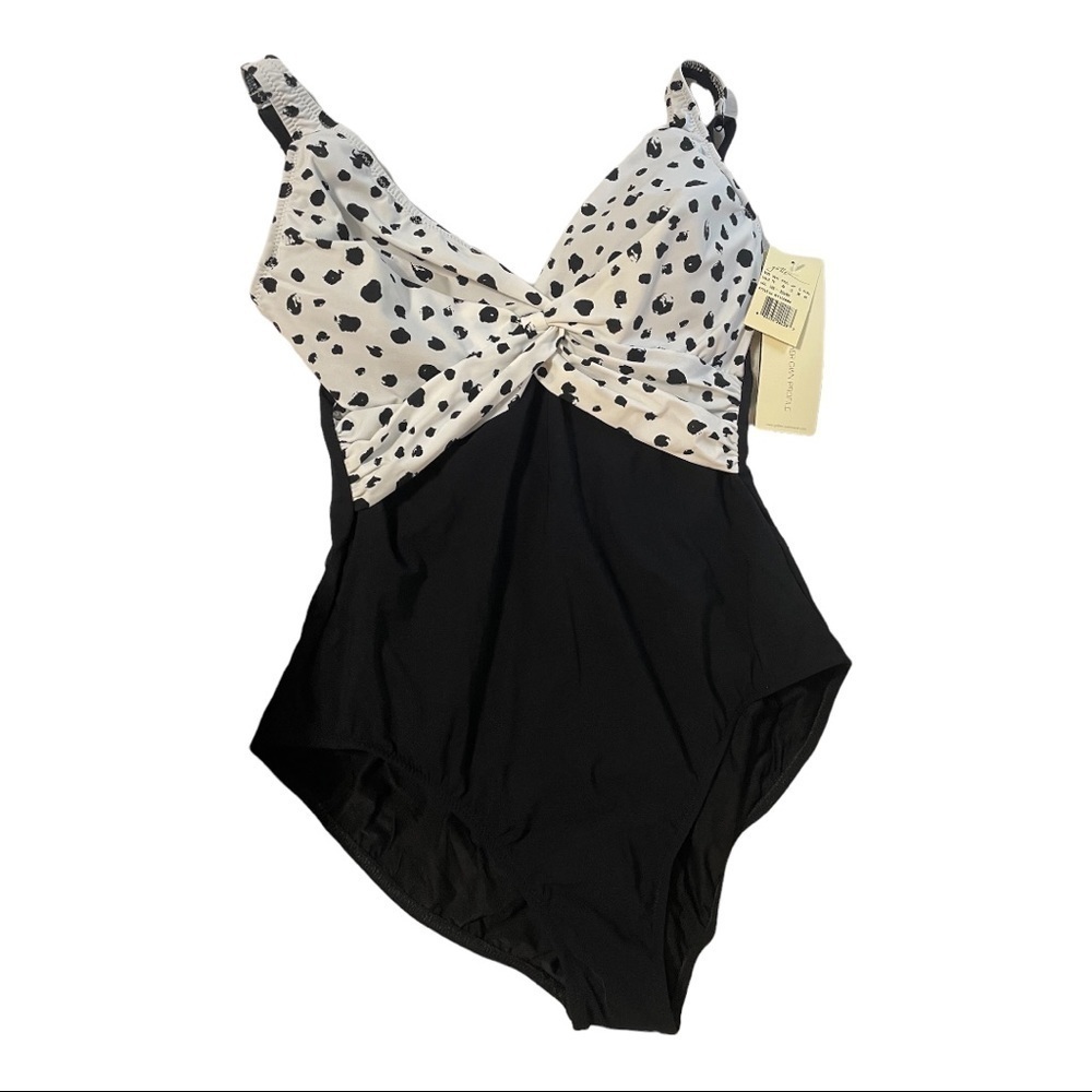 Profile by Gottex Dotty Underwire V-Neck Twist One Piece Swimsuit 10 White Black - Picture 3 of 8